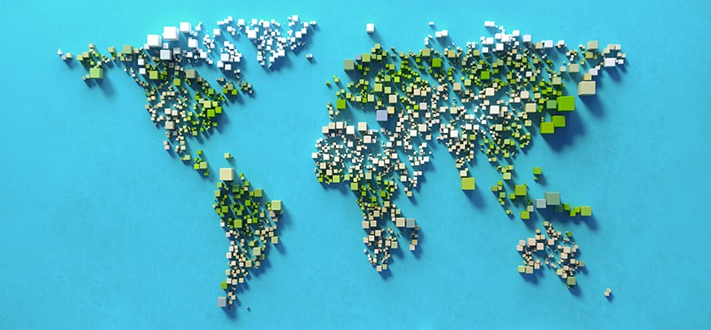 Map of the globe made out of cubes